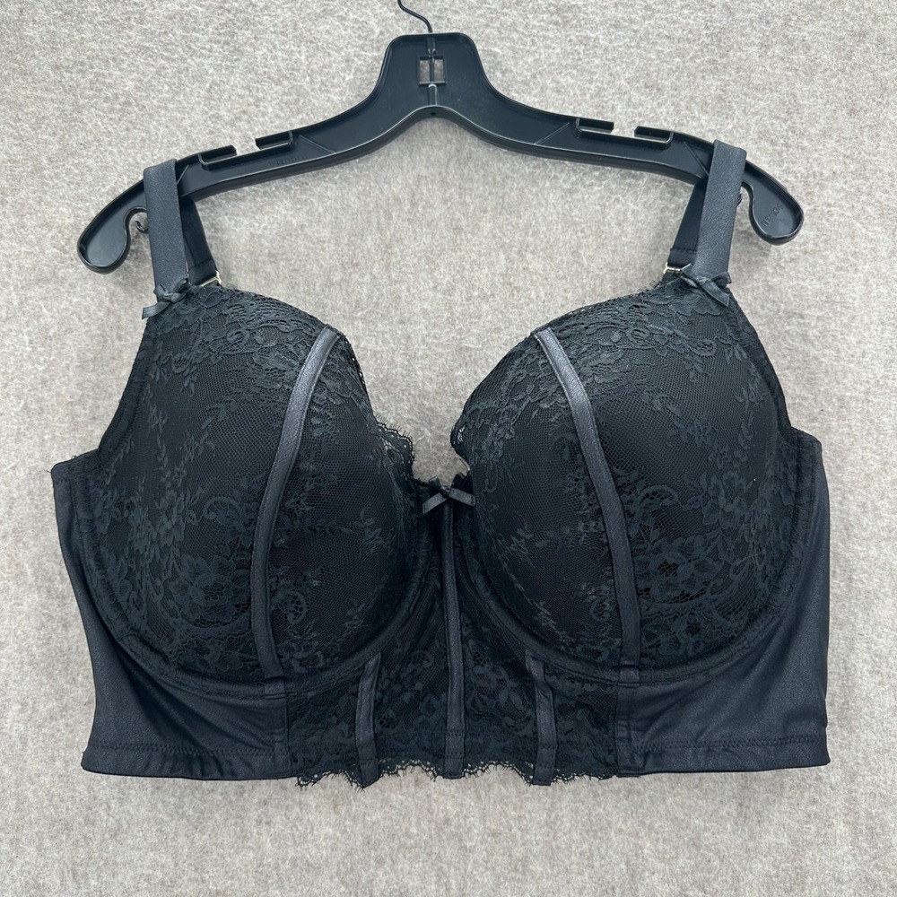 Cacique Balconette Bra Womens 42F Black Lace Lightly Lined Longline Underwire